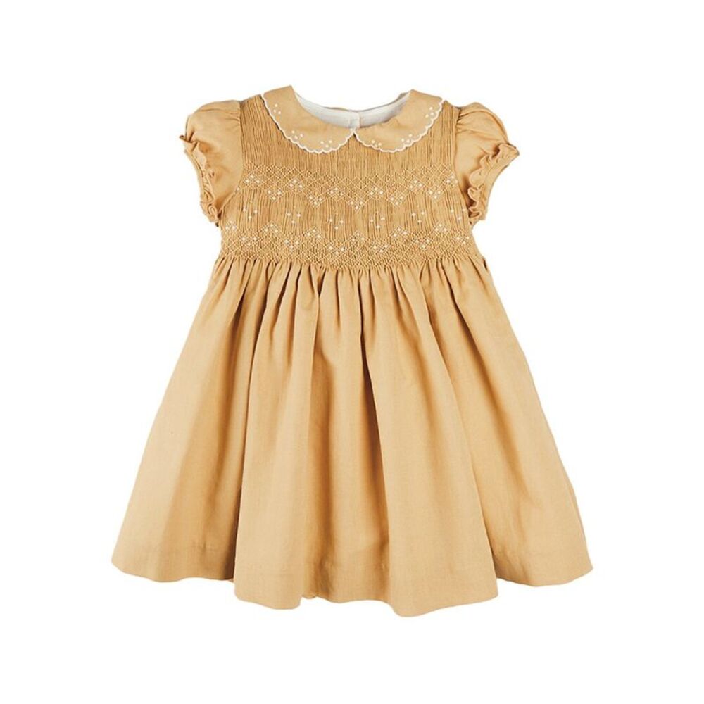 Pepa London Girls  Hand-Smocked Peter Pan Collar Linen-Blend Dress, Beige